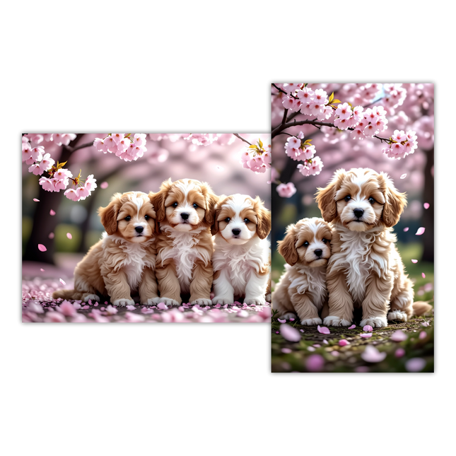 Cherry Blossom Cavoodle Puppies 4K Phone & Desktop Wallpaper Combination Bundle 9:16 & 16:9