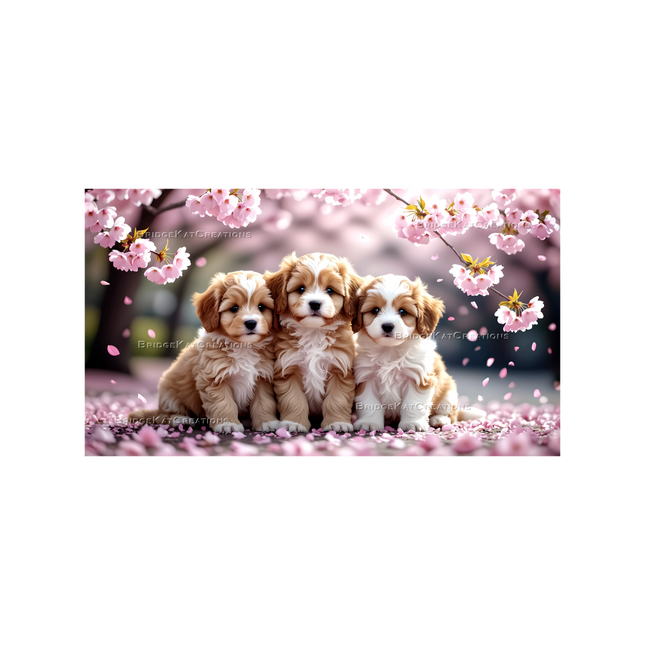 Cherry Blossom Cavoodle Puppies 4K Desktop Wallpaper 16:9