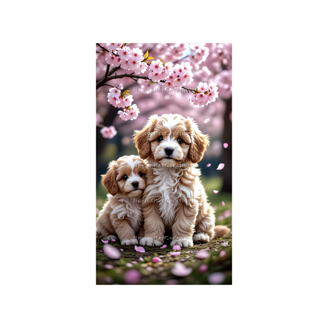 Cherry Blossom Cavoodle Puppies 4K Phone Wallpaper 9:16