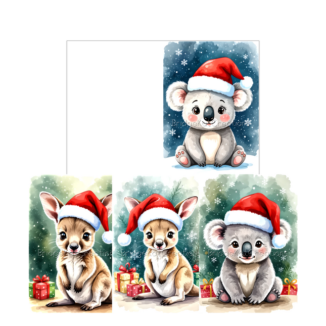 4 x A6 Print-Trim-Fold Koala and Kangaroo Christmas Card Templates