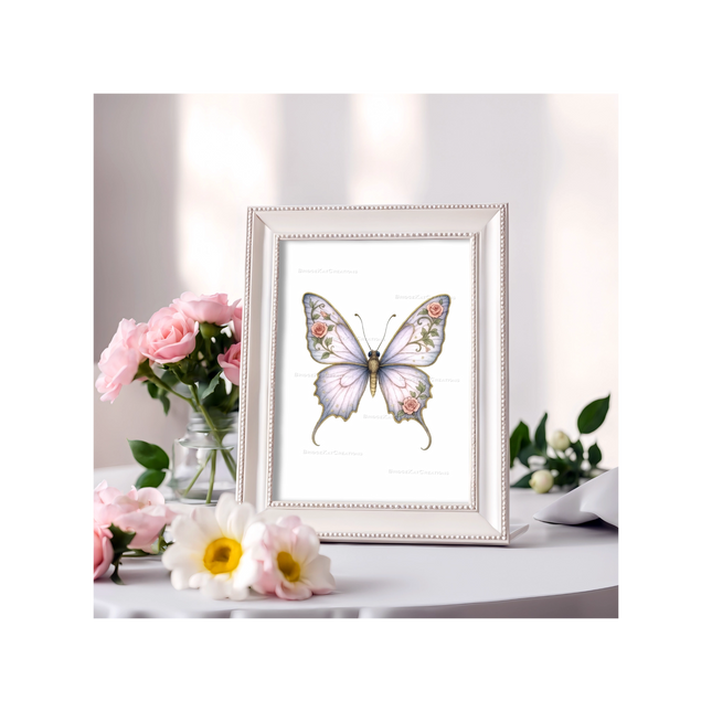8 x 10" Lavender and Pink Floral Butterfly Illustration: Digital Download