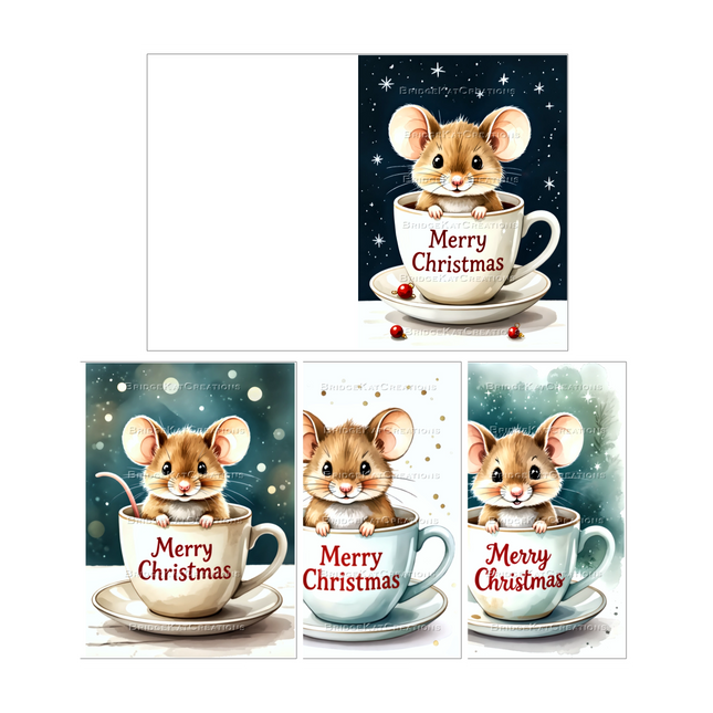 4 x A6 Print-Trim-Fold Mouse in Teacup Christmas Card Templates Watercolour Style
