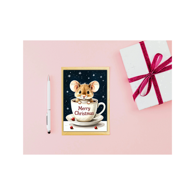 4 x A6 Print-Trim-Fold Mouse in Teacup Christmas Card Templates Watercolour Style