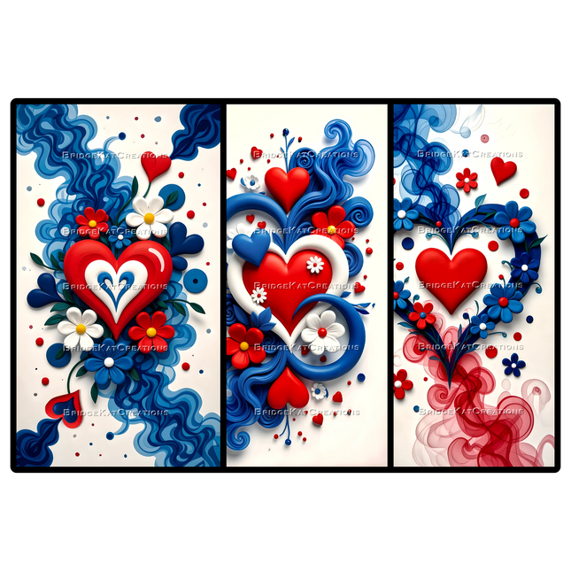 3 x 9:16 Red White & Blue Abstract Floral Hearts 4K Phone Wallpapers Bundle