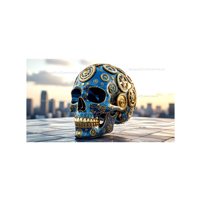 16:9 Blue and Gold Steampunk Skull 4K Desktop Wallpaper Banner Background